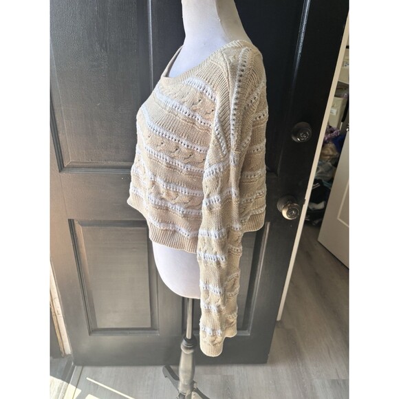 Hollister Cotton Preppy Stripe Pointelle Off Shoulder Crop Cozy Relaxed Sweater - Picture 4 of 9